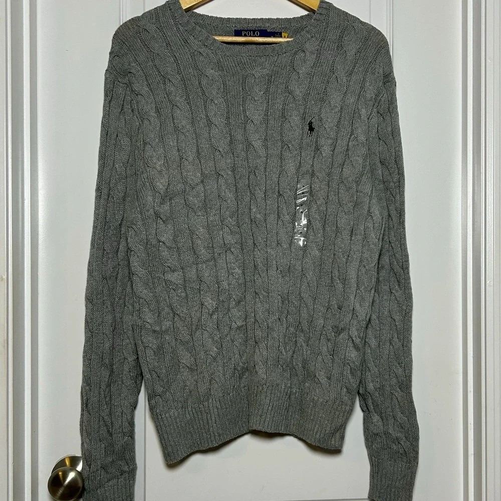 Polo Ralph Lauren 100% Cotton Gray Logo Cable Knit Crewneck Pullover Sweater